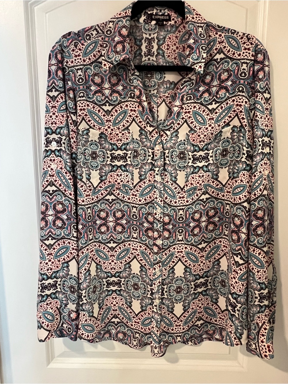Express Women's Pink and Teal Paisley Button-Down Shirt
